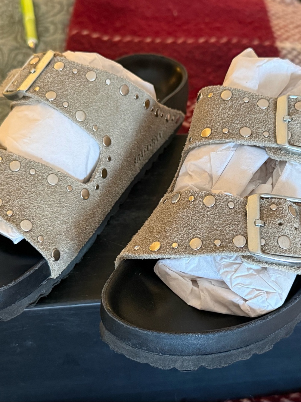 Studded Double-Buckle Women’s Sandals in Taupe Suede